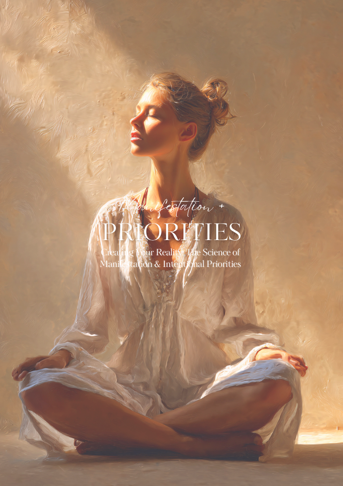 Women meditating calm in white robe \ science of manifesting