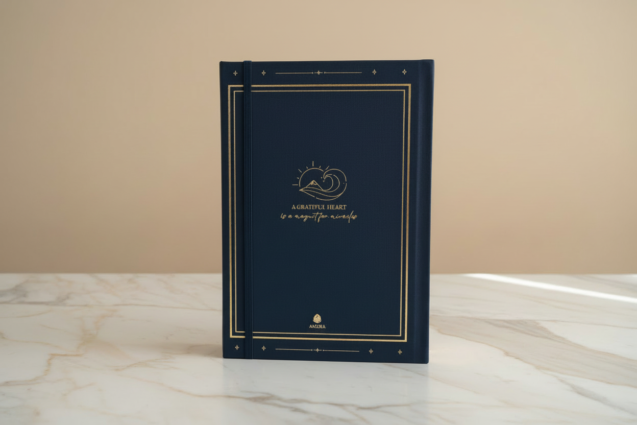 Back of Evening gratitude journal with navy blue cover and gold text Quotes