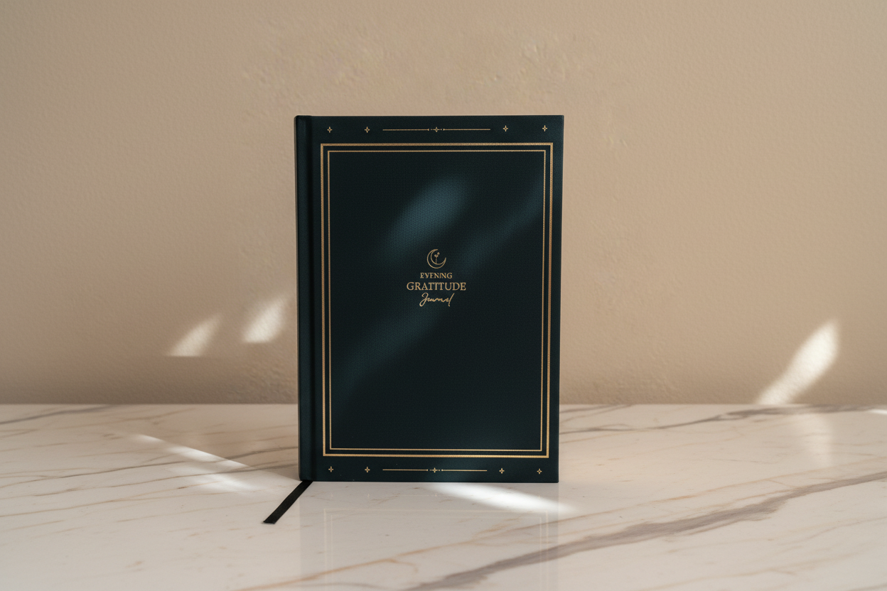 Evening gratitude journal with navy blue cover and gold text