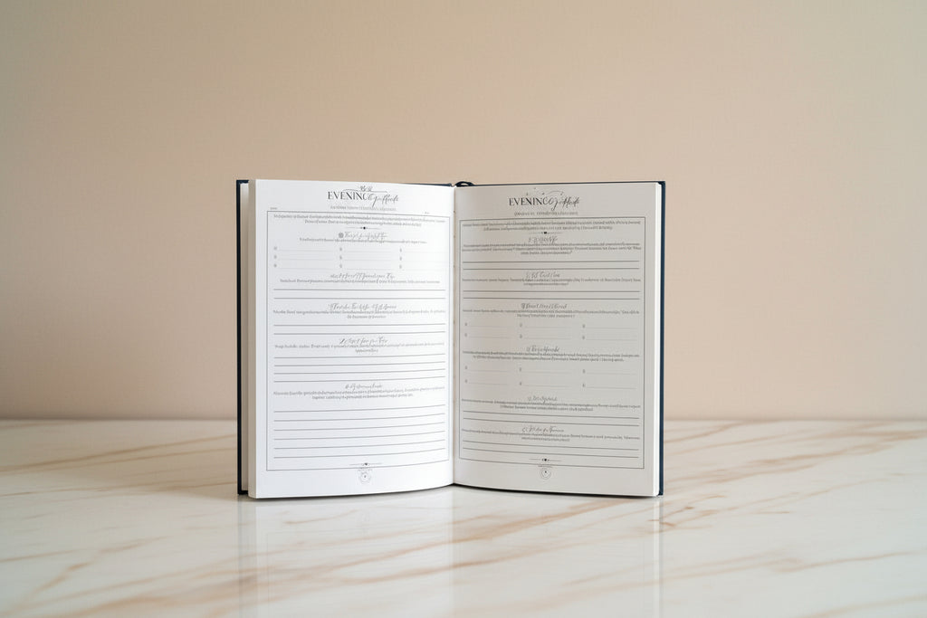 Guided gratitude prompts and reflection pages in evening journal